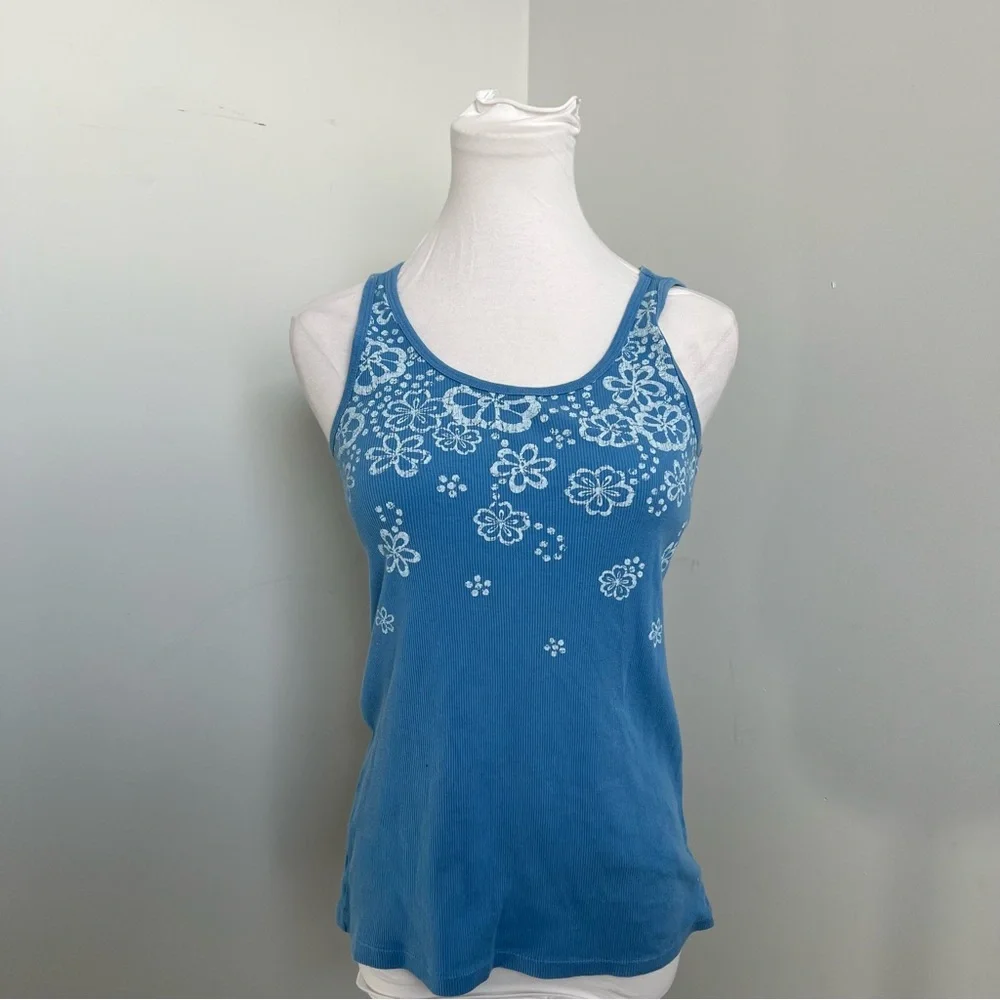 Y2K Blue Floral Tank Top Baby Tee Style White Flower Graphic Camisole XL - Picture 3 of 6